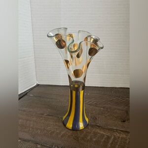 MacKenzie-Childs Yellow, Blue & Gold Polka Dot Ruffled Bud Vase